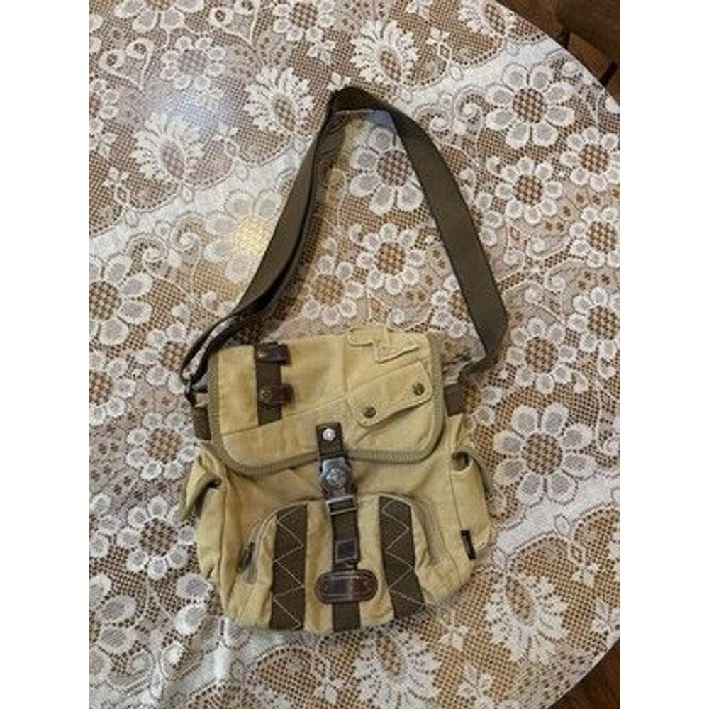 AHMIK Vintage Military Canvas Messenger Bag Y2K Multi-Pocket Utility Cargo Tan